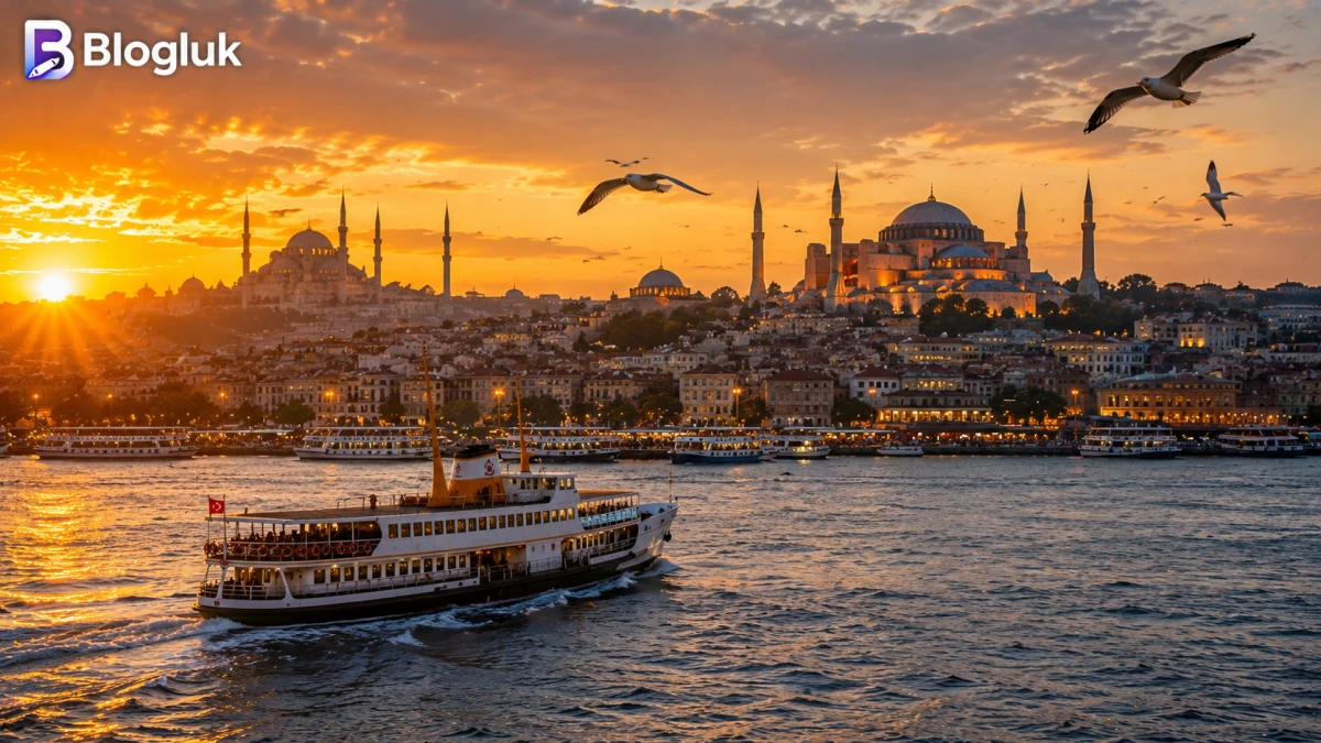 İstanbul Boğazı'ndan tarihi yarımadaya bakışı gösteren, Ayasofya ve Sultanahmet Camii silüetlerinin yer aldığı şehir manzarası.