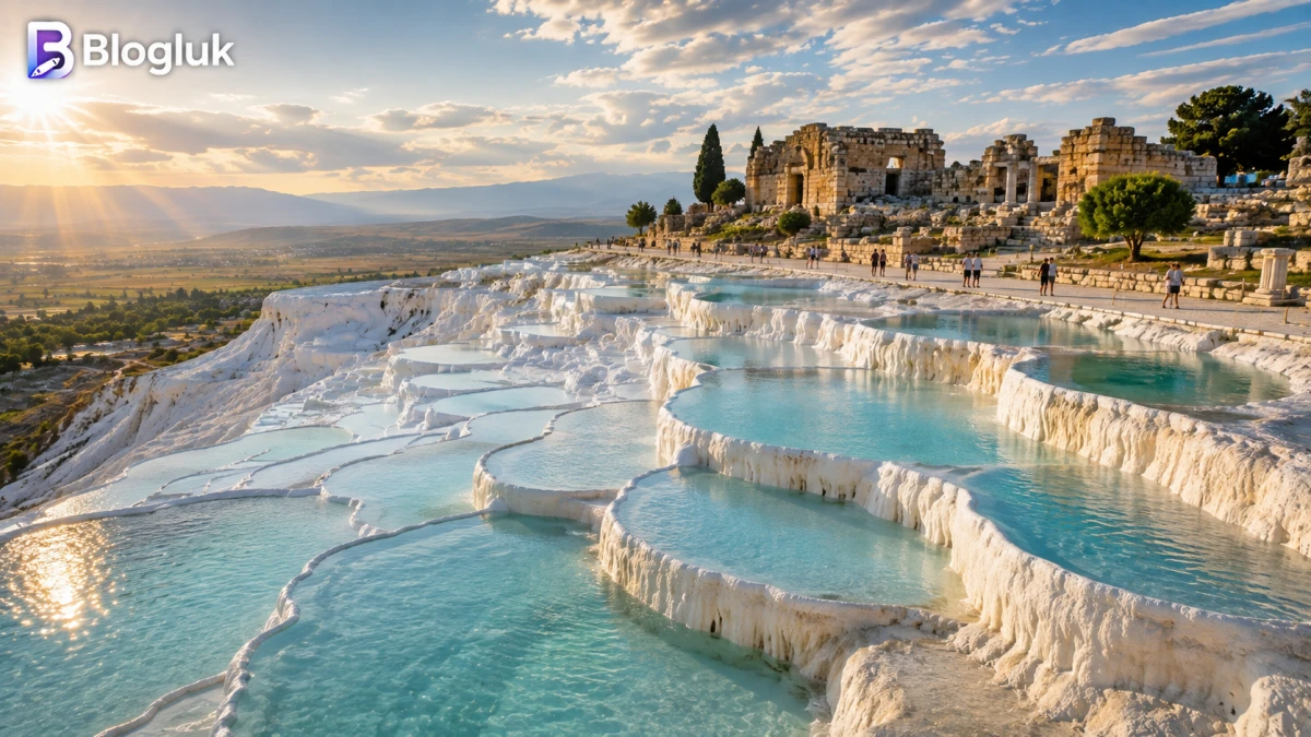 Denizli'deki beyaz Pamukkale travertenlerini ve arka planda bulunan Hierapolis antik kentini gösteren seyahat görseli.