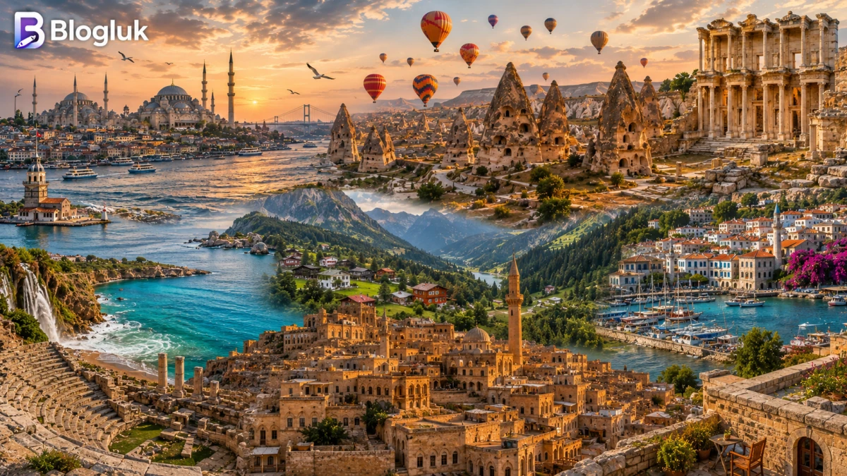 Türkiye'nin Akdeniz, Kapadokya, Karadeniz, Ege ve Güneydoğu Anadolu bölgelerinden farklı doğal ve kültürel güzellikleri bir araya getiren seyahat kolajı.