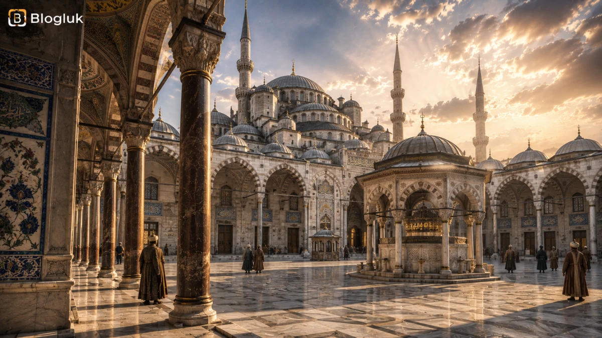 Osmanlı mimarisi ve kültürel mirasını gösteren tarihi cami avlusu